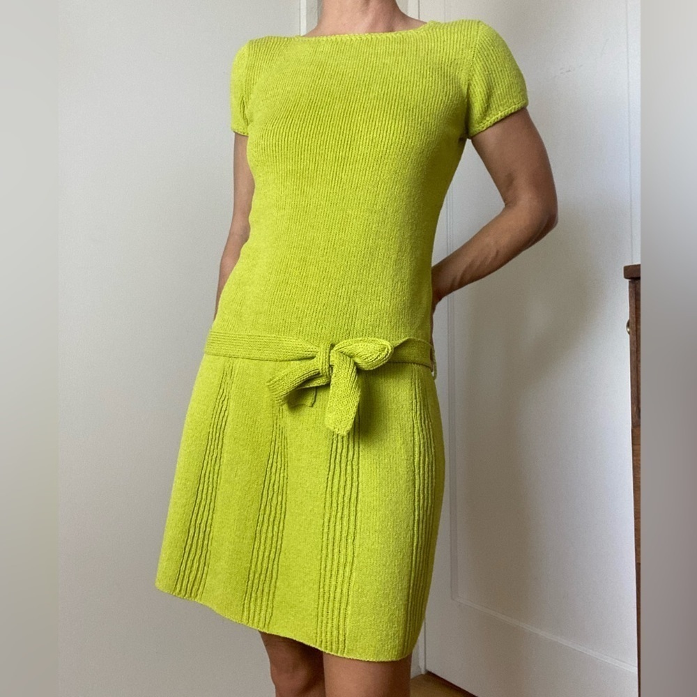 St. John Lime Green Knit Short-Sleeve Belted Dress